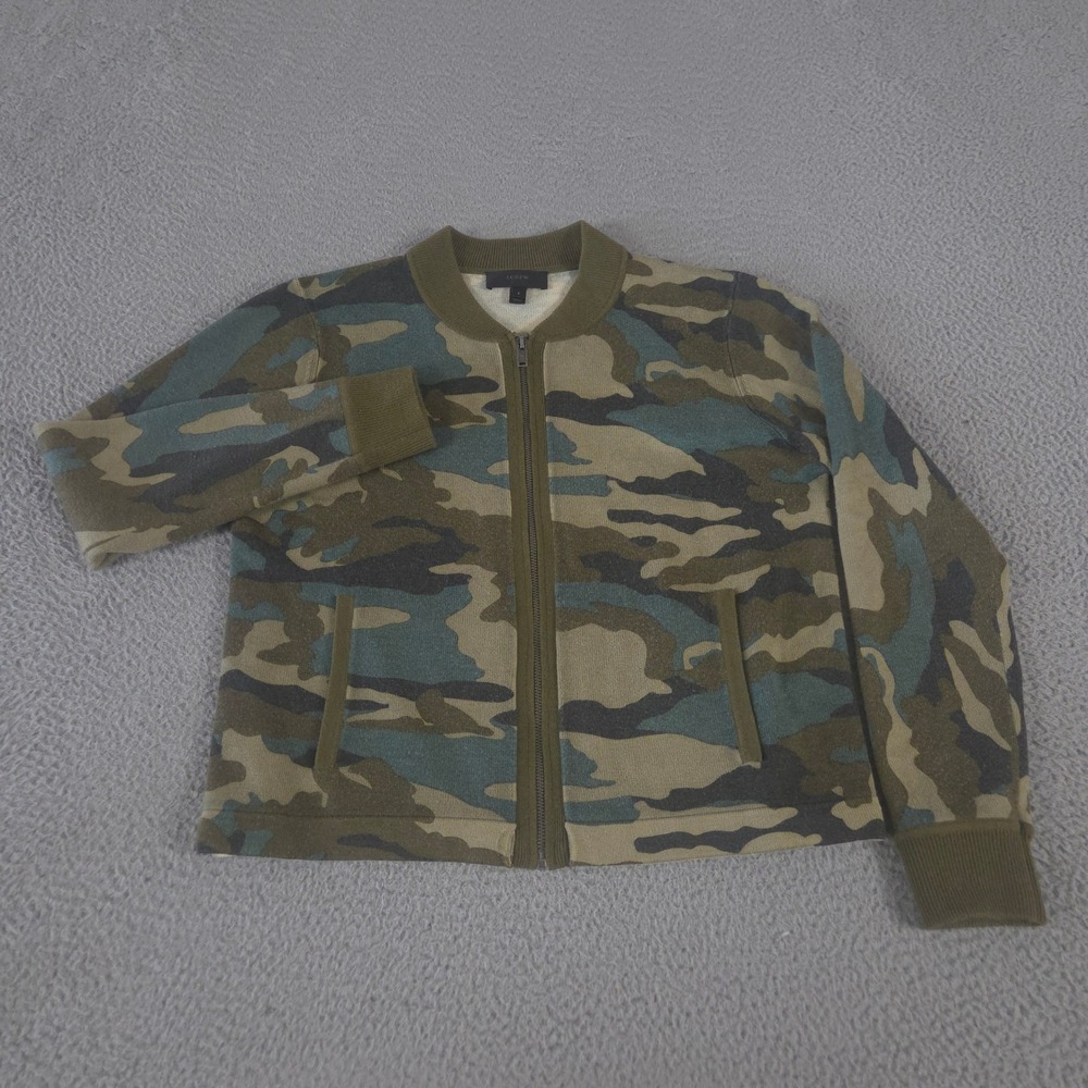 J.Crew Jacket Womens Small Green Bomber Sweater Zip‎ Up Wool Blend Camouflage
